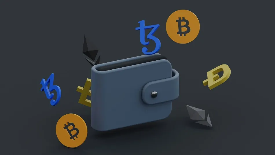A wallet with multiple Web3 tokens flying near